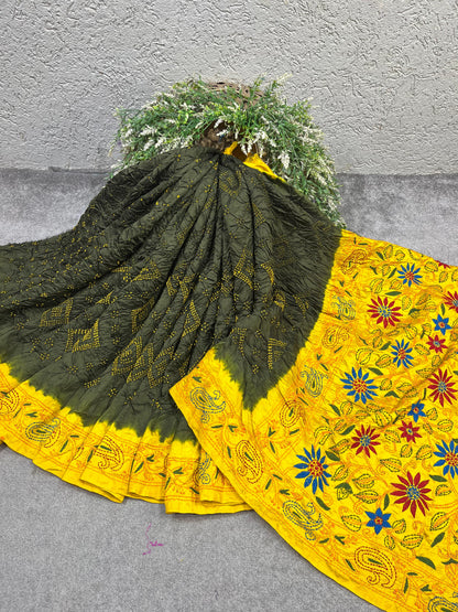 OLIVE GREEN PURE HANDLOOM KANTHA EMBROIDERY BANDHEJ SAREE
