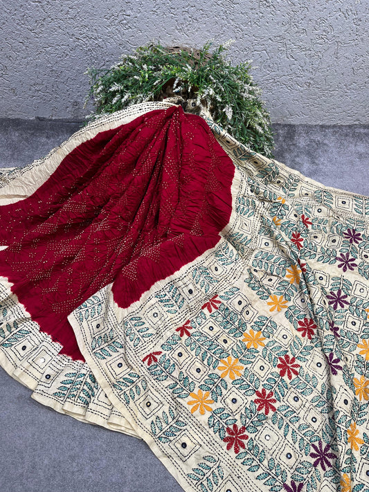 MAROON TASSAR PURE HANDLOOM KANTHA EMBROIDERY BANDHEJ SAREE