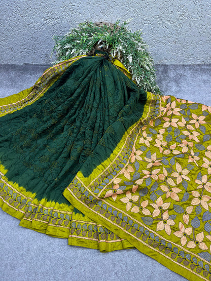 DEEP GREEN TASSAR PURE HANDLOOM KANTHA EMBROIDERY BANDHEJ SAREE