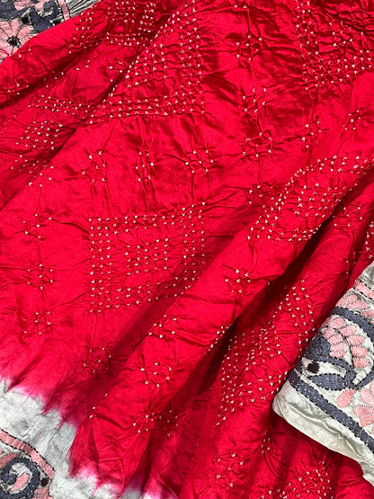 RED BANDHEJ TASSAR PURE HANDLOOM KANTHA EMBROIDERY BANDHEJ SAREE
