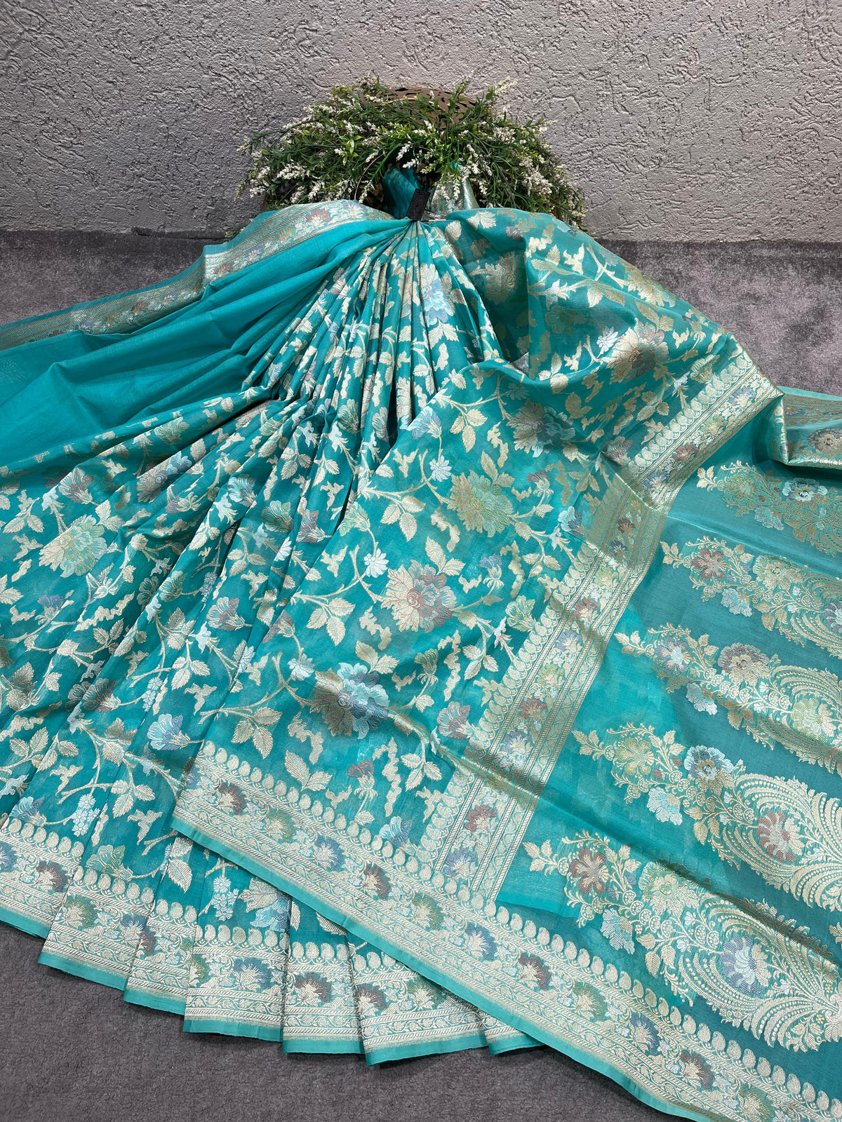 TURQUOISE KORA PURE HANDLOOM BANARASI SAREE