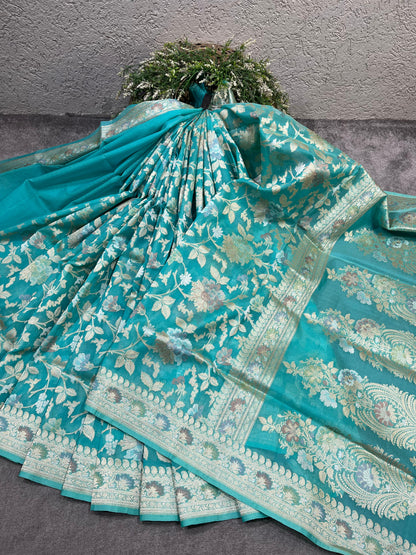 TURQUOISE KORA PURE HANDLOOM BANARASI SAREE