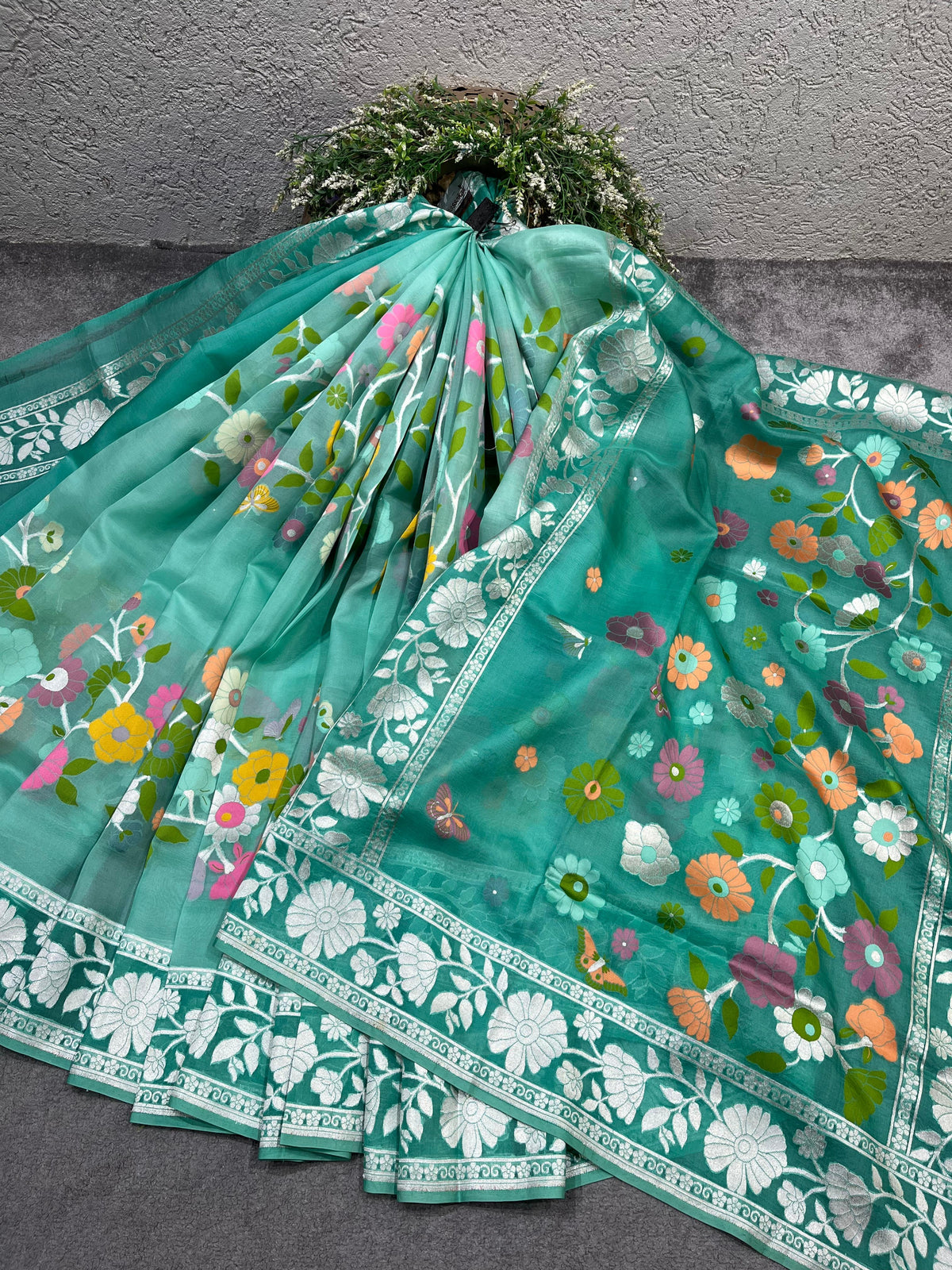 TURQUOISE BLUE KORA PURE HANDLOOM BANARASI SAREE