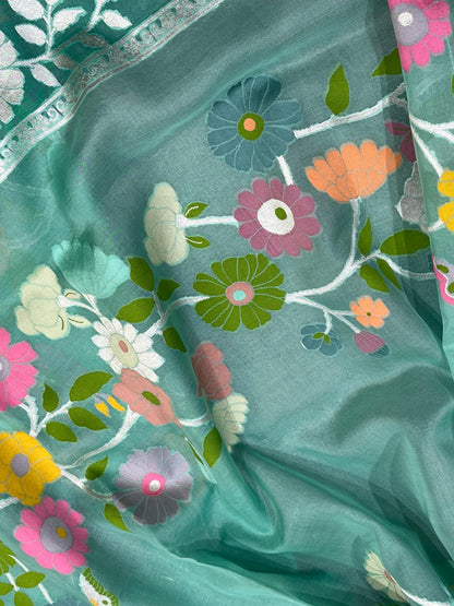 TURQUOISE BLUE KORA PURE HANDLOOM BANARASI SAREE