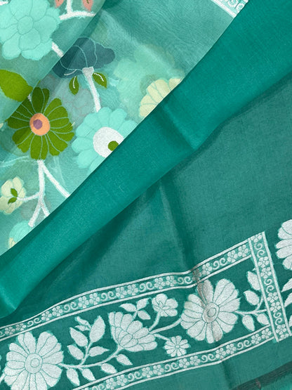 TURQUOISE BLUE KORA PURE HANDLOOM BANARASI SAREE