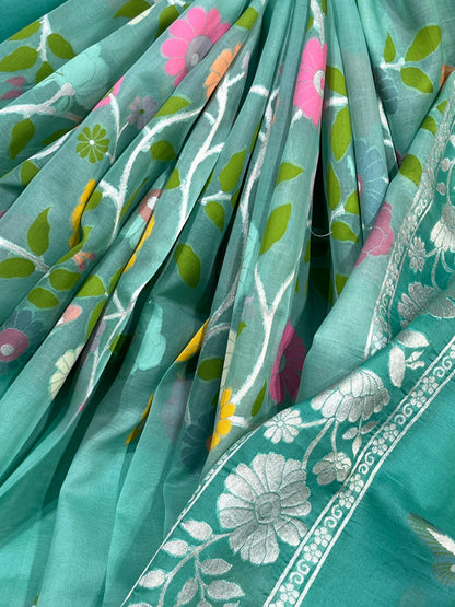 TURQUOISE BLUE KORA PURE HANDLOOM BANARASI SAREE