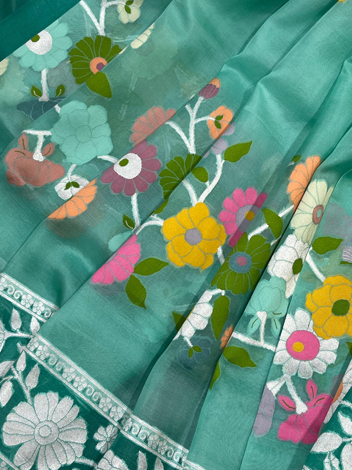 TURQUOISE BLUE KORA PURE HANDLOOM BANARASI SAREE