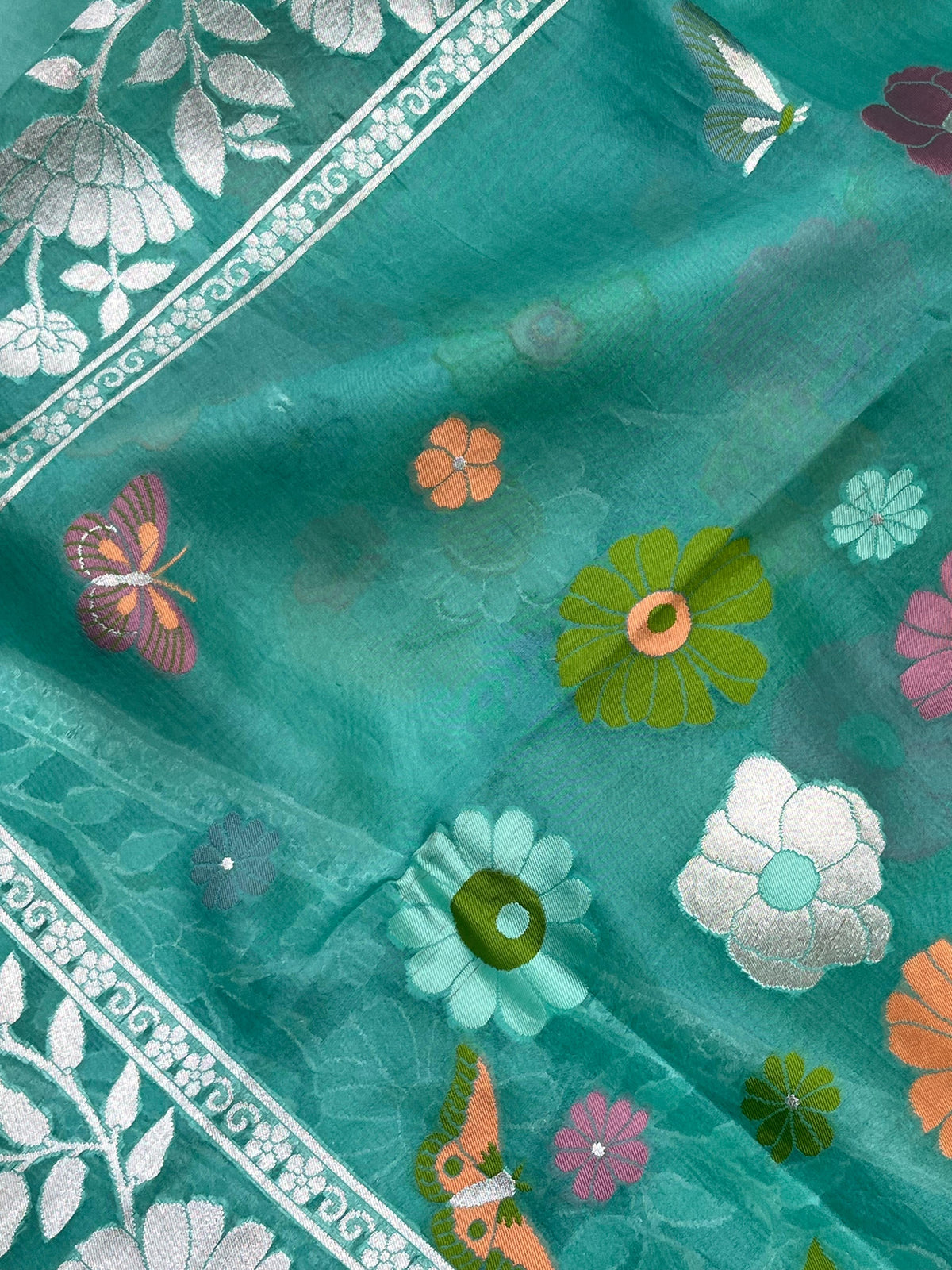 TURQUOISE BLUE KORA PURE HANDLOOM BANARASI SAREE