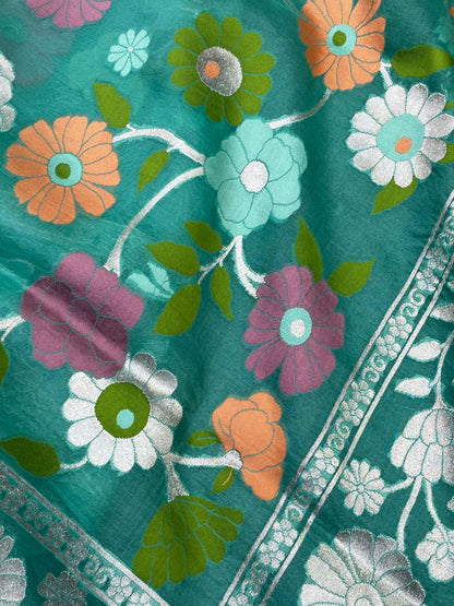 TURQUOISE BLUE KORA PURE HANDLOOM BANARASI SAREE