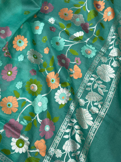TURQUOISE BLUE KORA PURE HANDLOOM BANARASI SAREE
