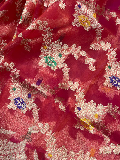 RED PINK KORA PURE HANDLOOM BANARASI SAREE