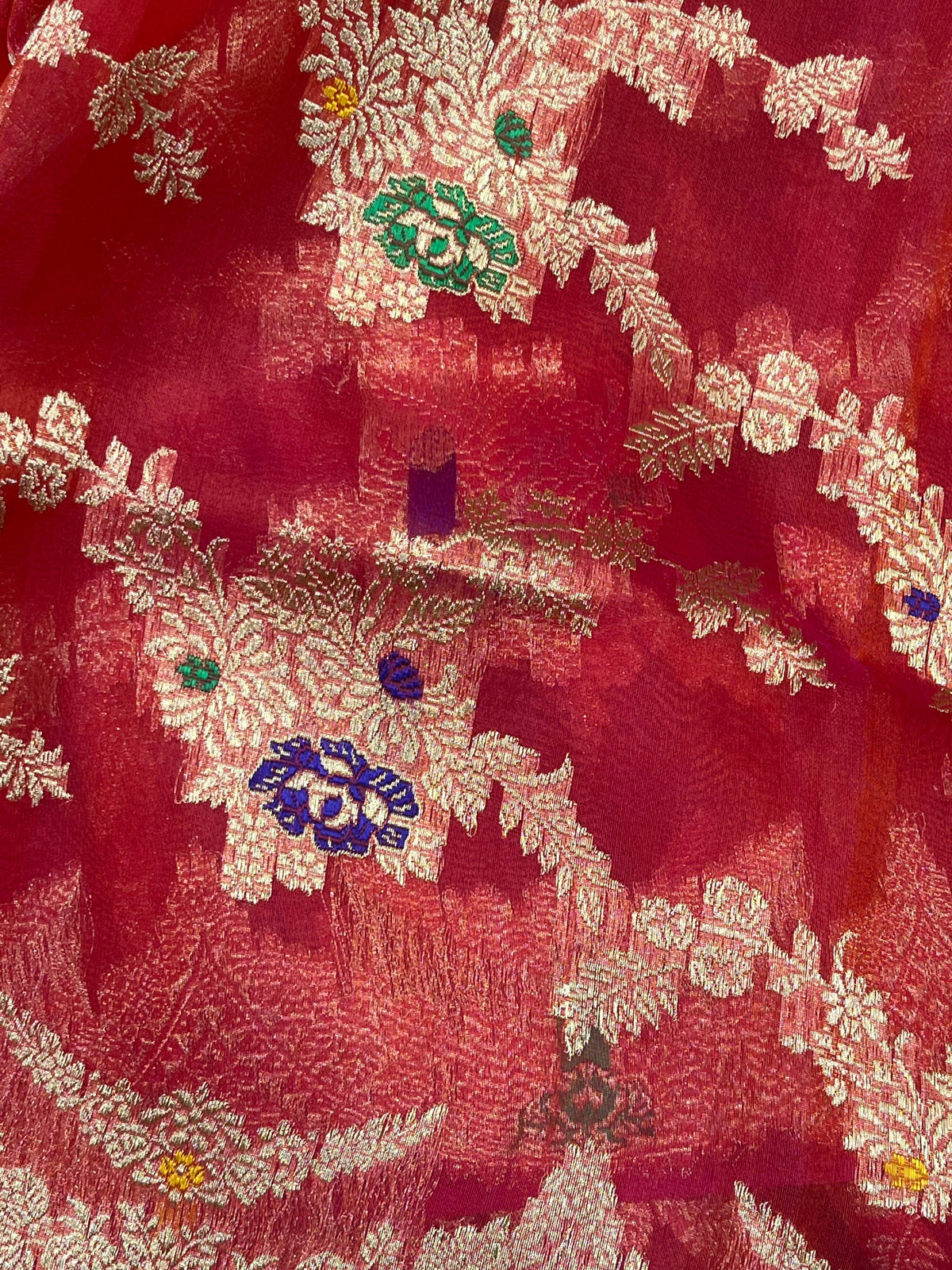 RED PINK KORA PURE HANDLOOM BANARASI SAREE