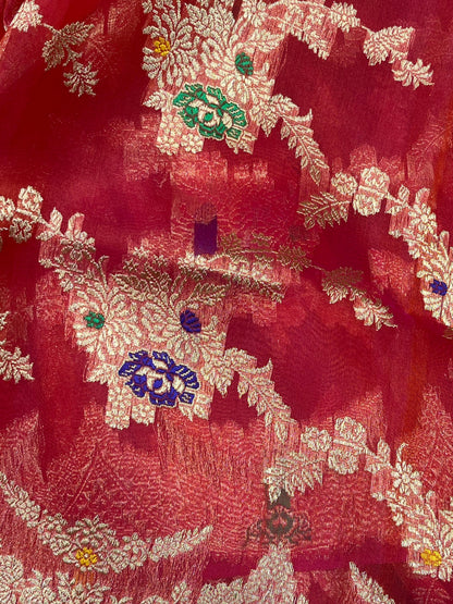 RED PINK KORA PURE HANDLOOM BANARASI SAREE