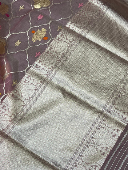 MAUVE PINK KORA PURE HANDLOOM BANARASI SAREE
