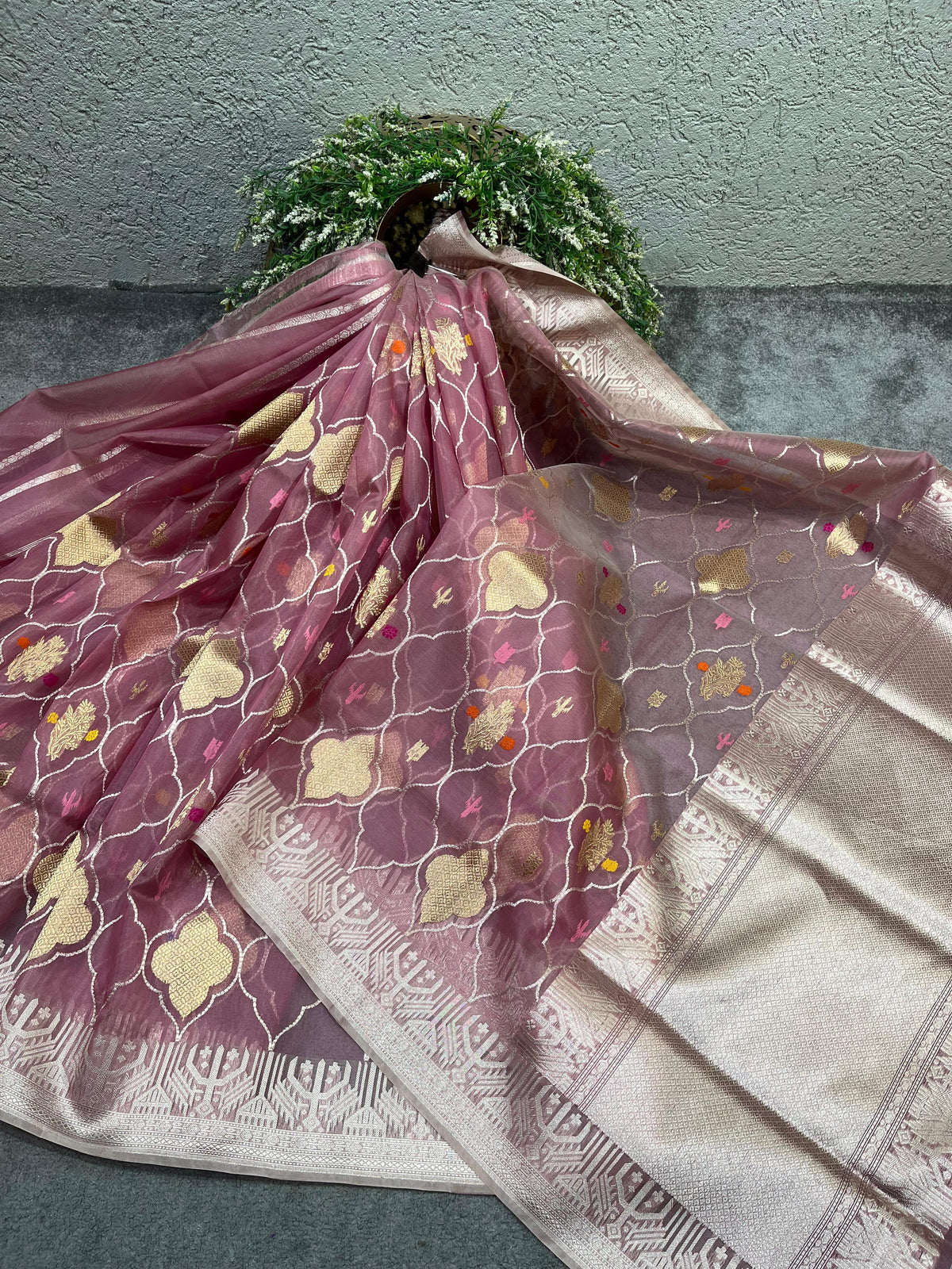 MAUVE PINK KORA PURE HANDLOOM BANARASI SAREE