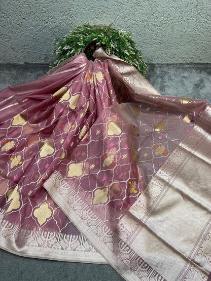 MAUVE PINK KORA PURE HANDLOOM BANARASI SAREE