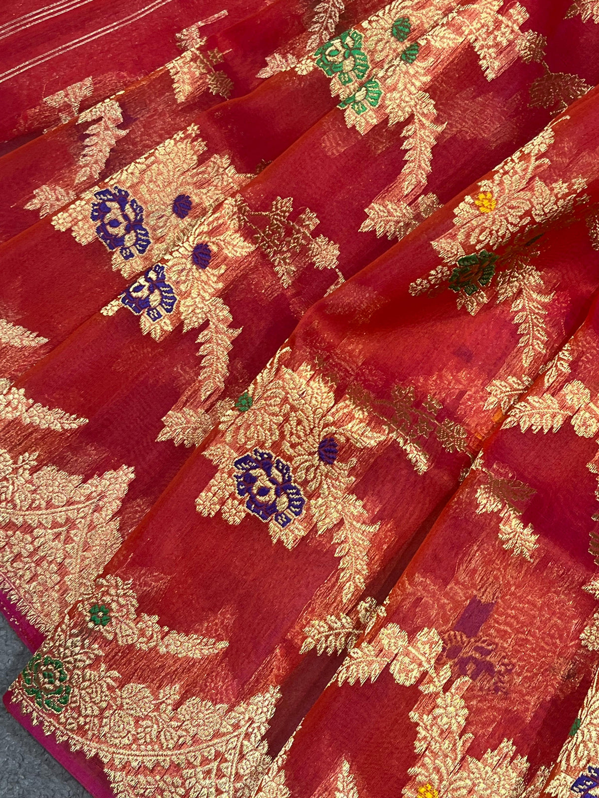 RED PINK KORA PURE HANDLOOM BANARASI SAREE