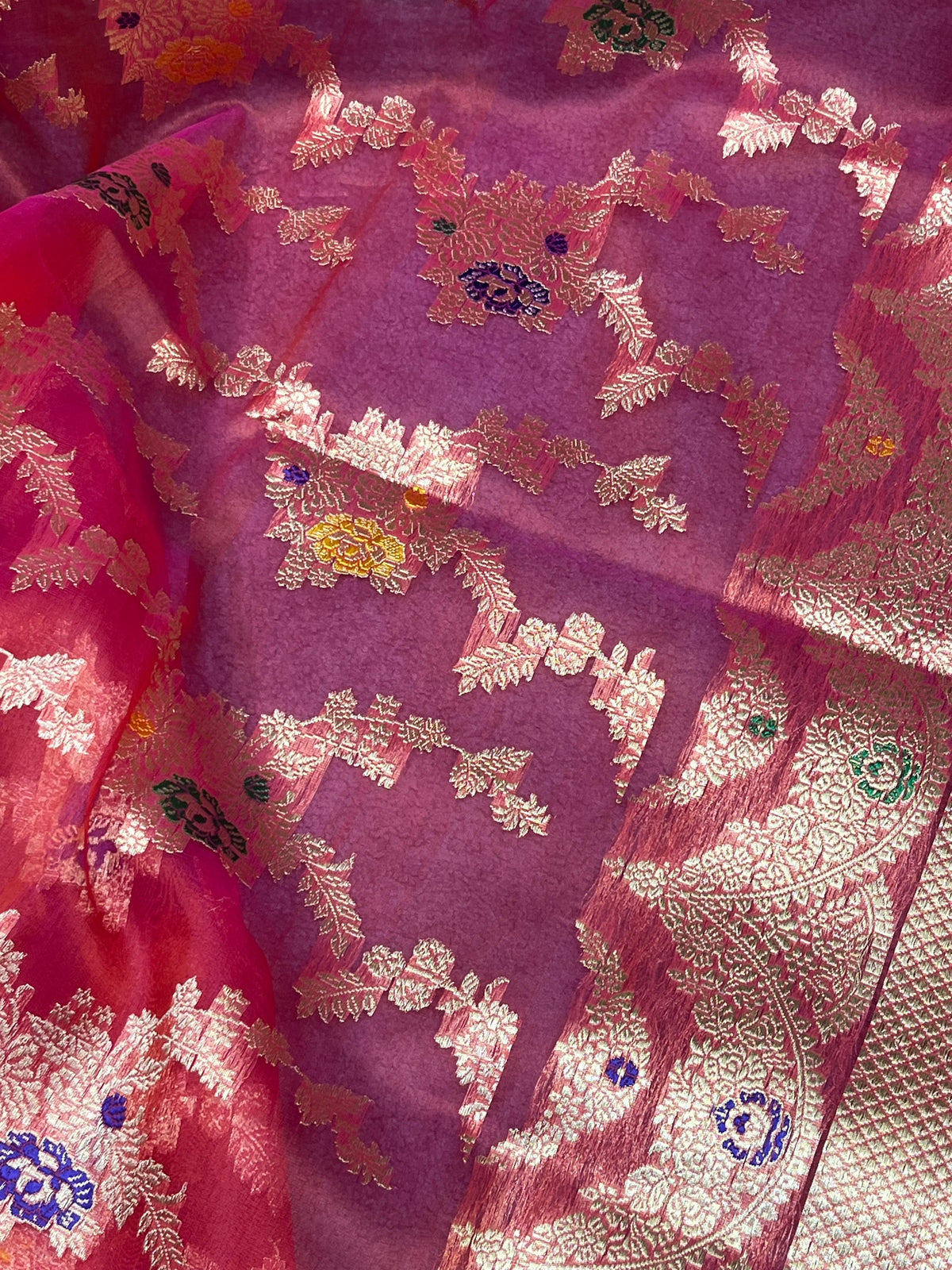 RED PINK KORA PURE HANDLOOM BANARASI SAREE
