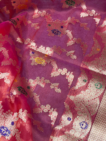 RED PINK KORA PURE HANDLOOM BANARASI SAREE