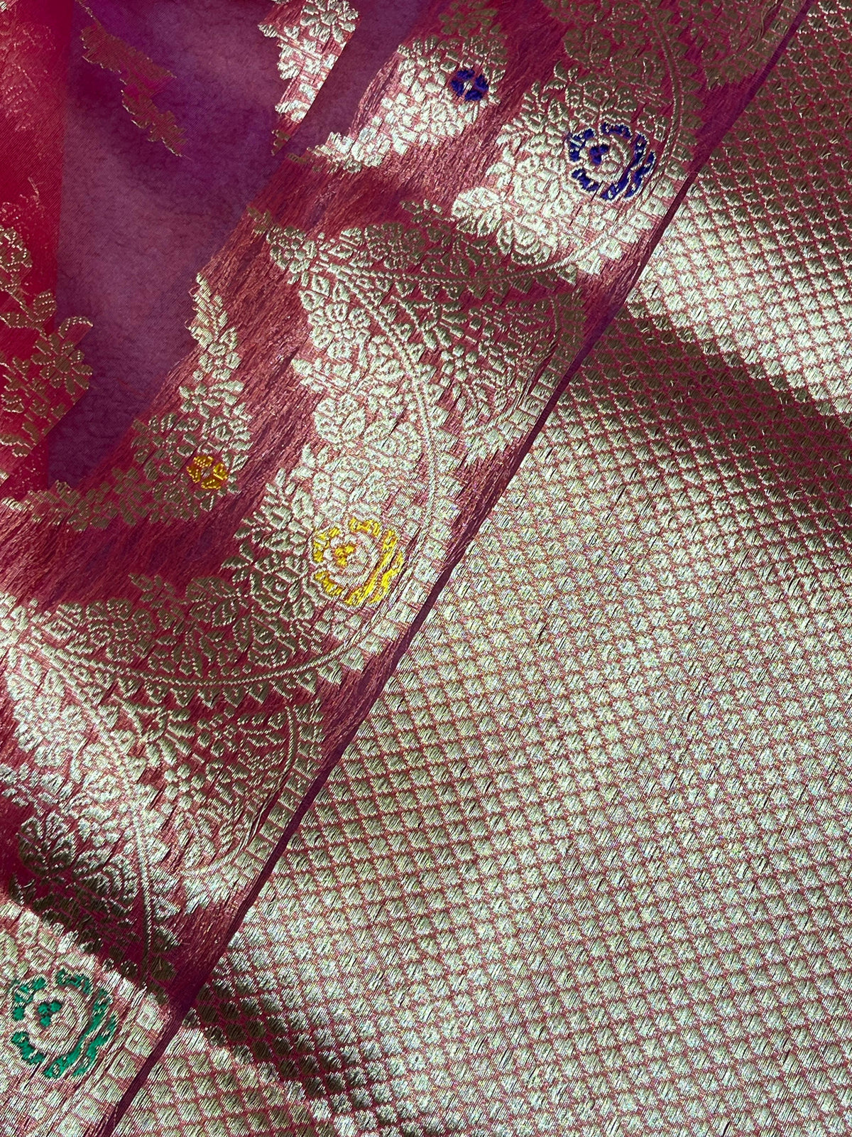 RED PINK KORA PURE HANDLOOM BANARASI SAREE
