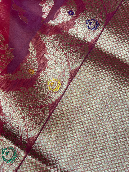 RED PINK KORA PURE HANDLOOM BANARASI SAREE