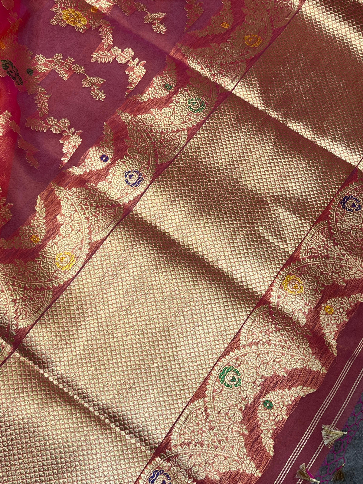 RED PINK KORA PURE HANDLOOM BANARASI SAREE