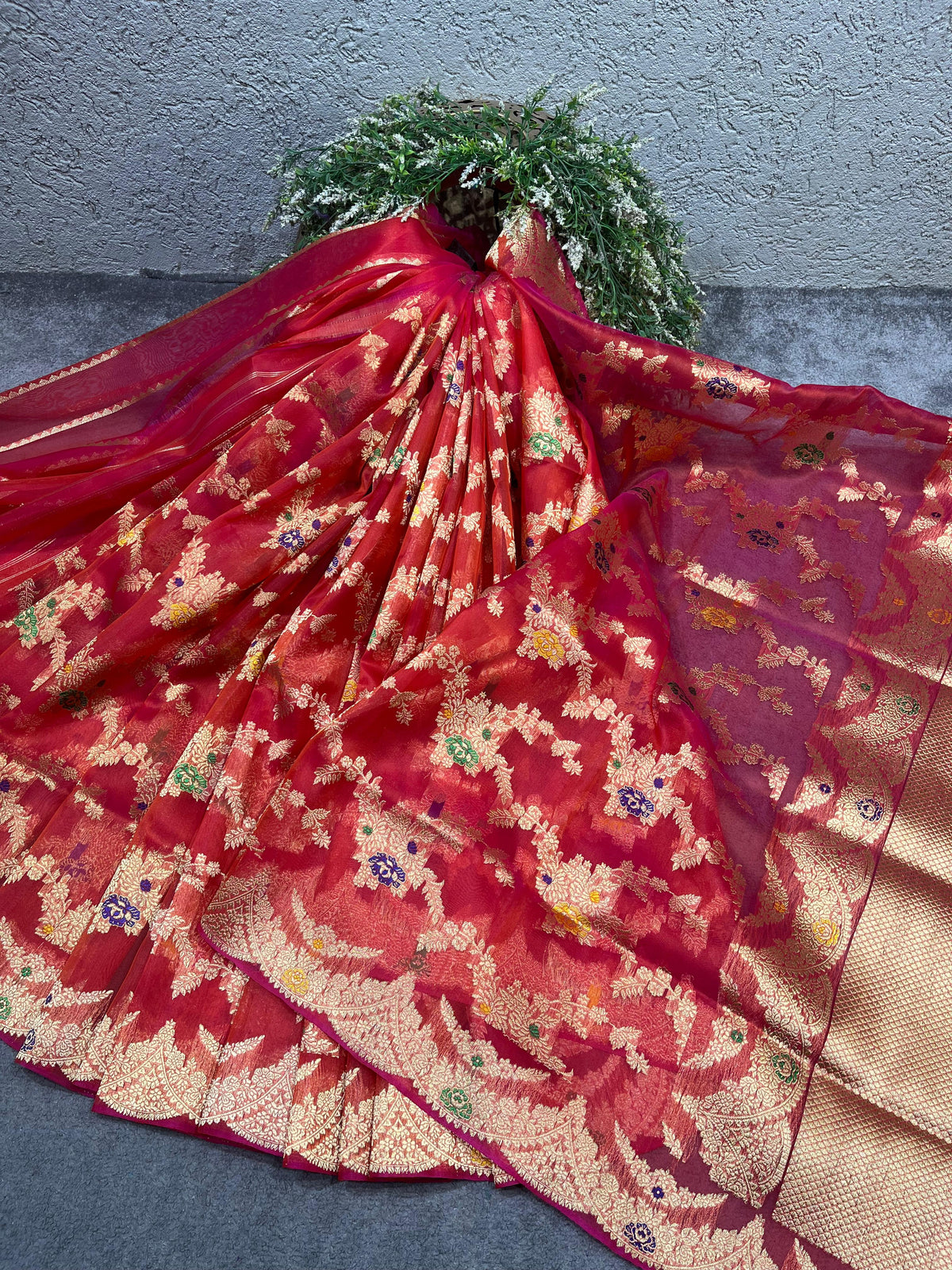 RED PINK KORA PURE HANDLOOM BANARASI SAREE