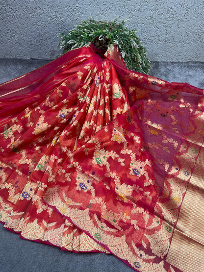 RED PINK KORA PURE HANDLOOM BANARASI SAREE