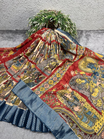 YELLOW BEIGE SILK PURE HANDLOOM KALAMKARI SAREE