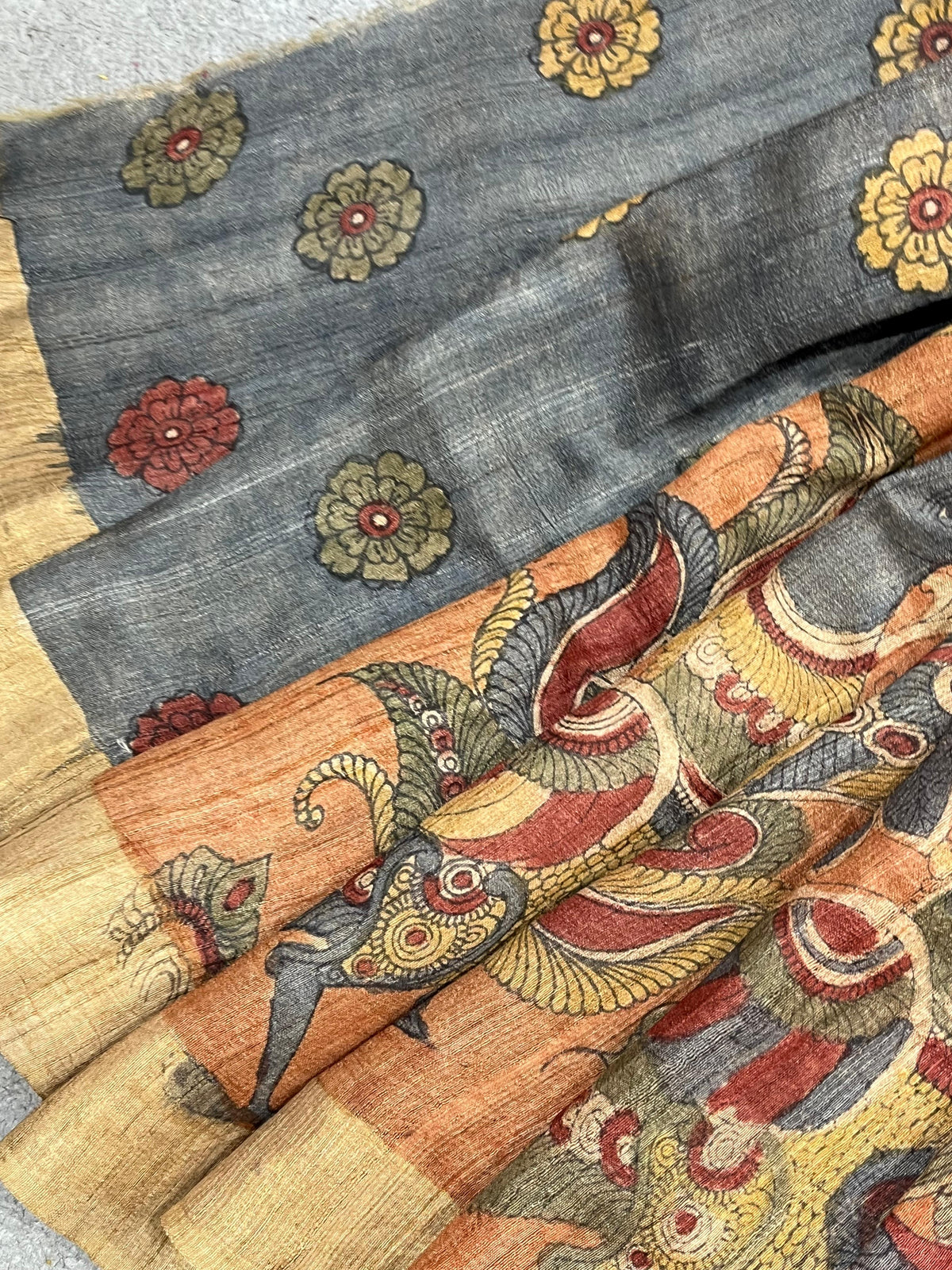ORANGE TASSAR PURE HANDLOOM KALAMKARI SAREE