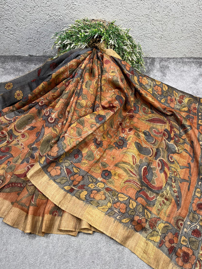 ORANGE TASSAR PURE HANDLOOM KALAMKARI SAREE