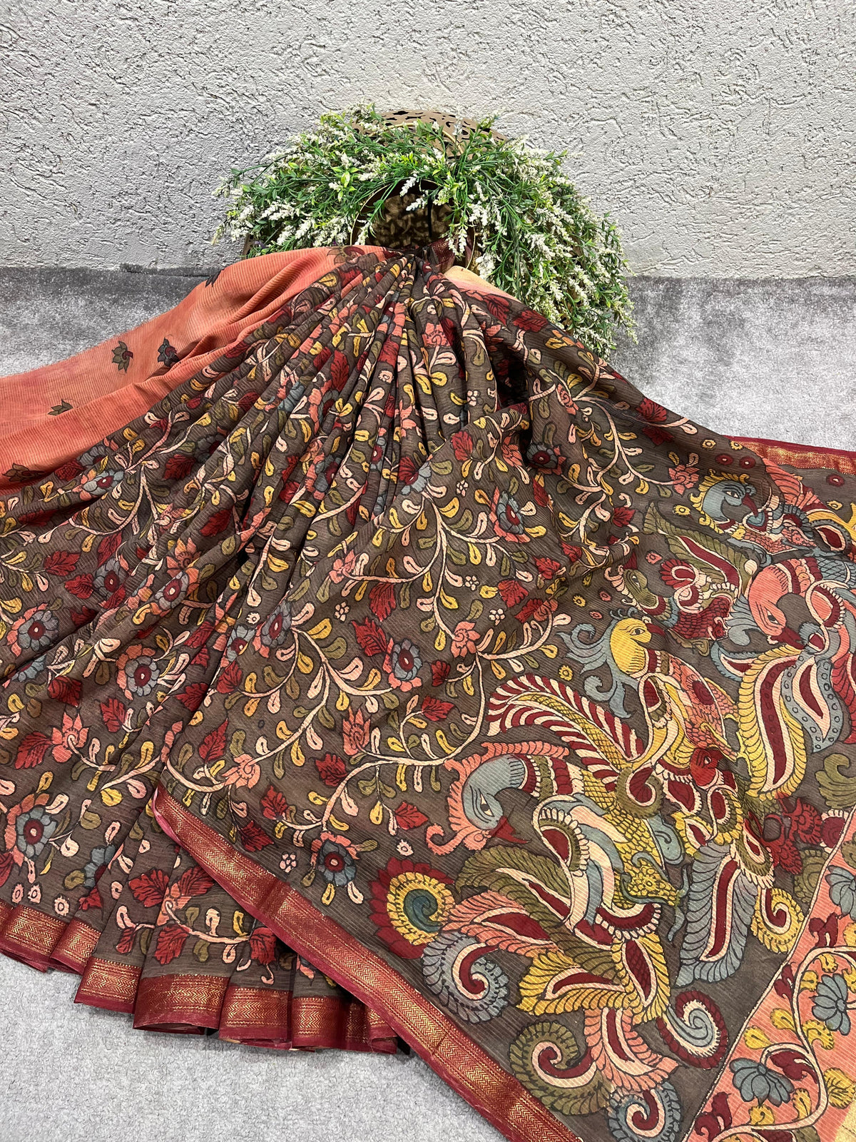 CHARCOAL BROWM MANGALGIRI PURE HANDLOOM KALAMKARI SAREE