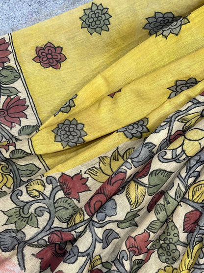 BEIGE LINEN PURE HANDLOOM KALAMKARI SAREE