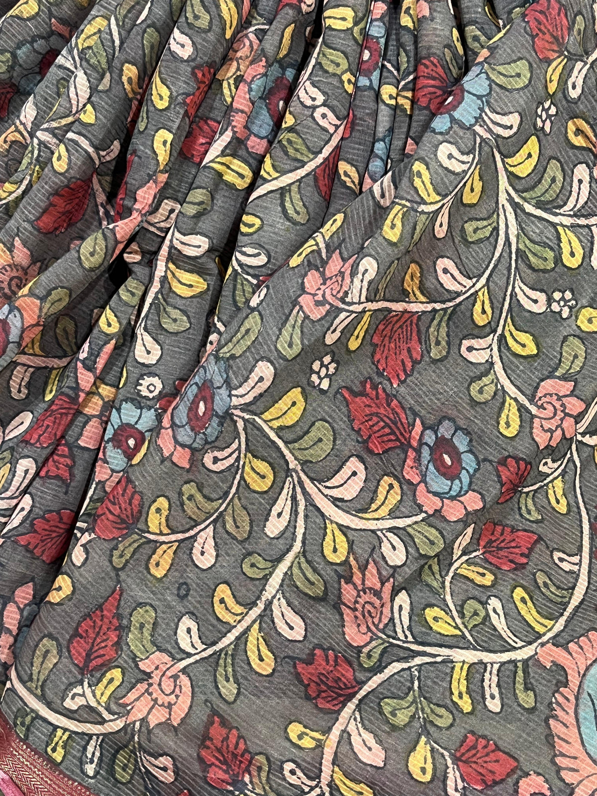CHARCOAL BROWM MANGALGIRI PURE HANDLOOM KALAMKARI SAREE