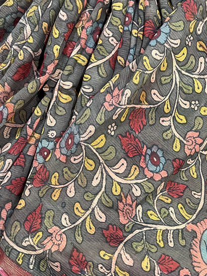 CHARCOAL BROWM MANGALGIRI PURE HANDLOOM KALAMKARI SAREE