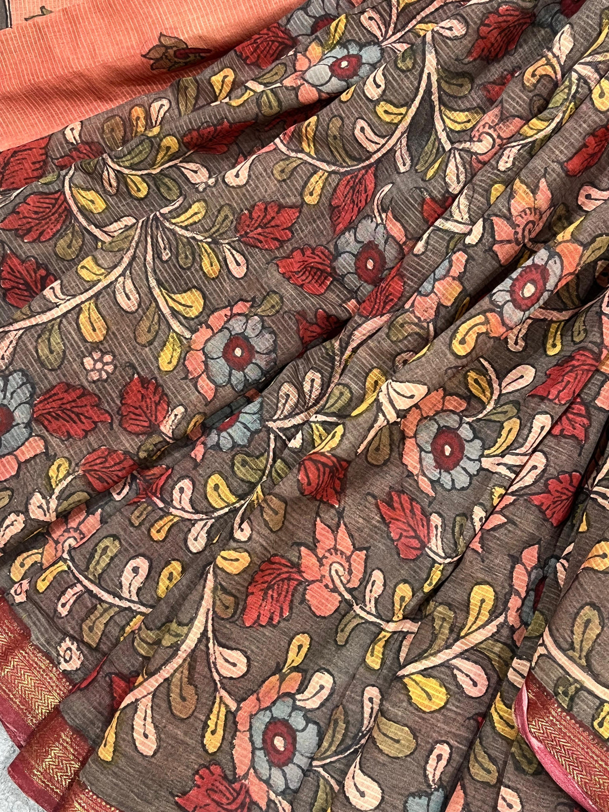CHARCOAL BROWM MANGALGIRI PURE HANDLOOM KALAMKARI SAREE
