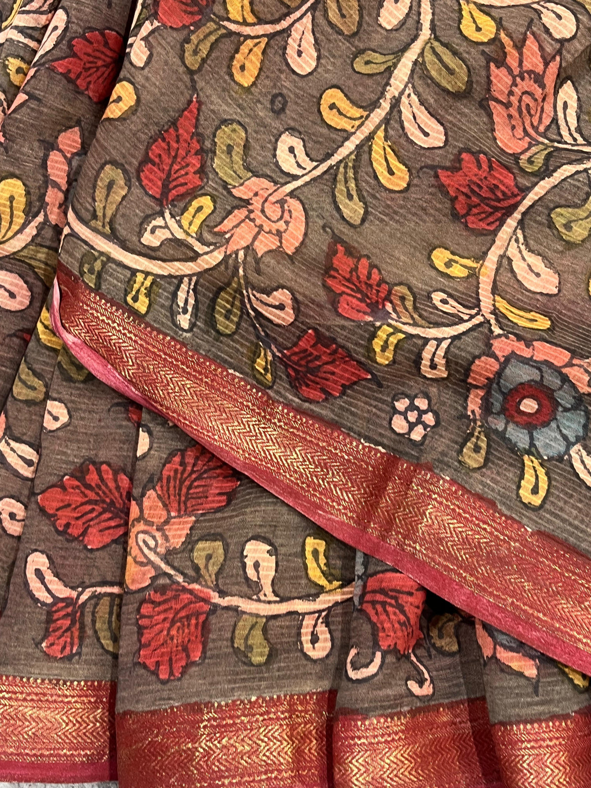 CHARCOAL BROWM MANGALGIRI PURE HANDLOOM KALAMKARI SAREE