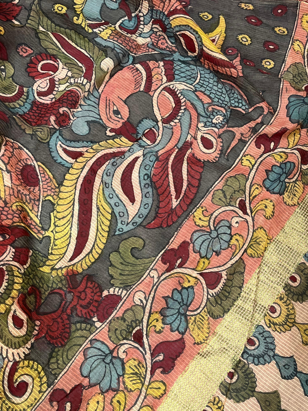 CHARCOAL BROWM MANGALGIRI PURE HANDLOOM KALAMKARI SAREE