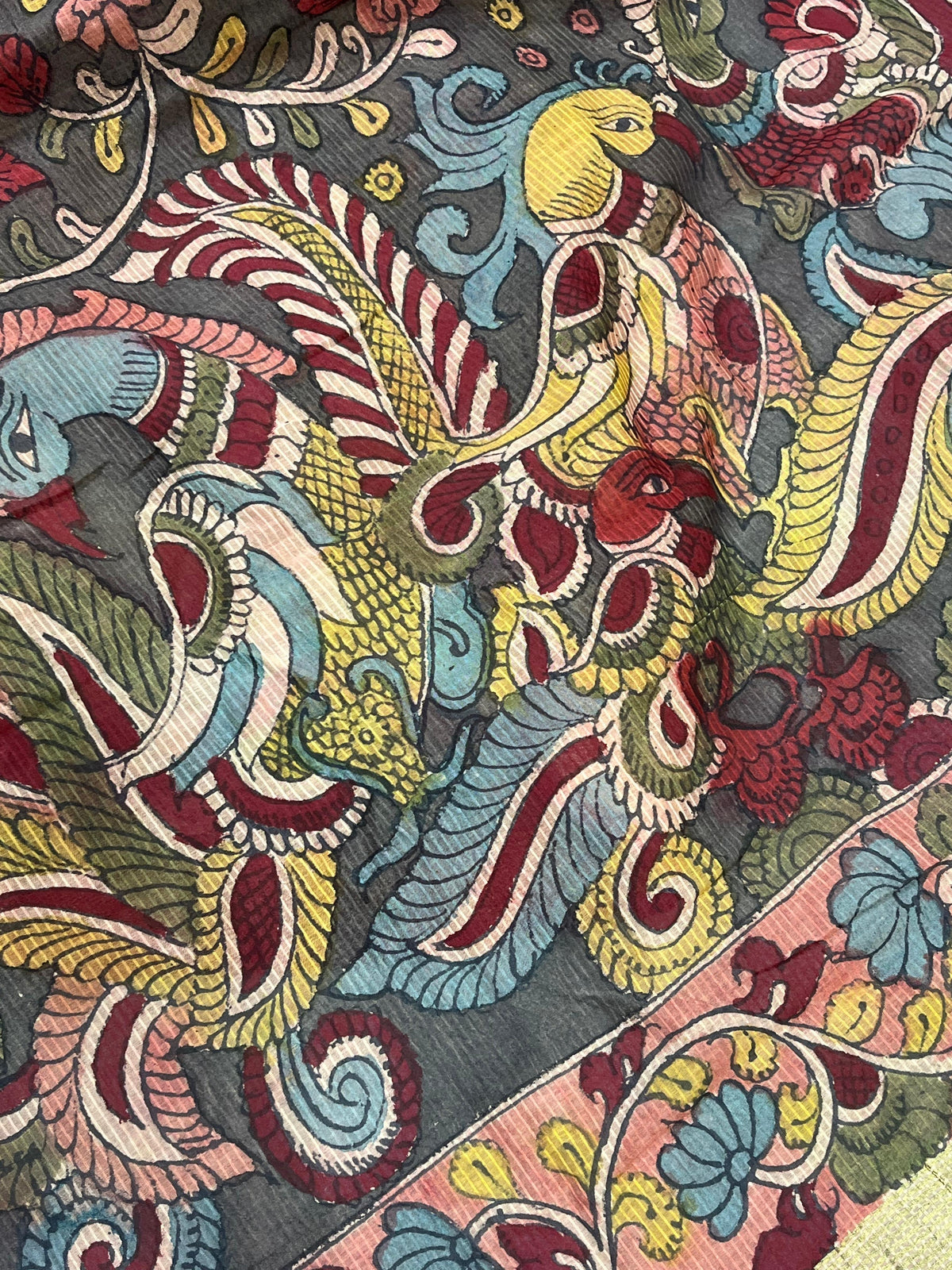 CHARCOAL BROWM MANGALGIRI PURE HANDLOOM KALAMKARI SAREE