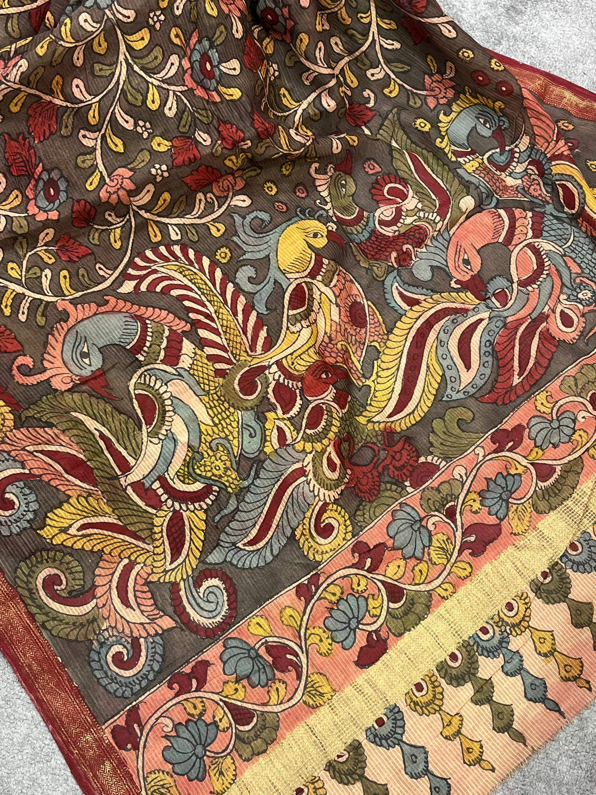 CHARCOAL BROWM MANGALGIRI PURE HANDLOOM KALAMKARI SAREE