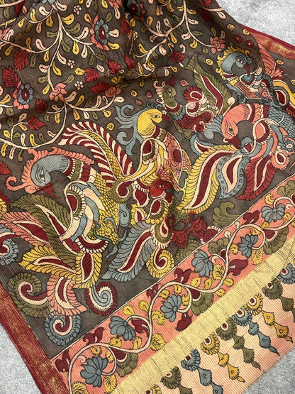 CHARCOAL BROWM MANGALGIRI PURE HANDLOOM KALAMKARI SAREE