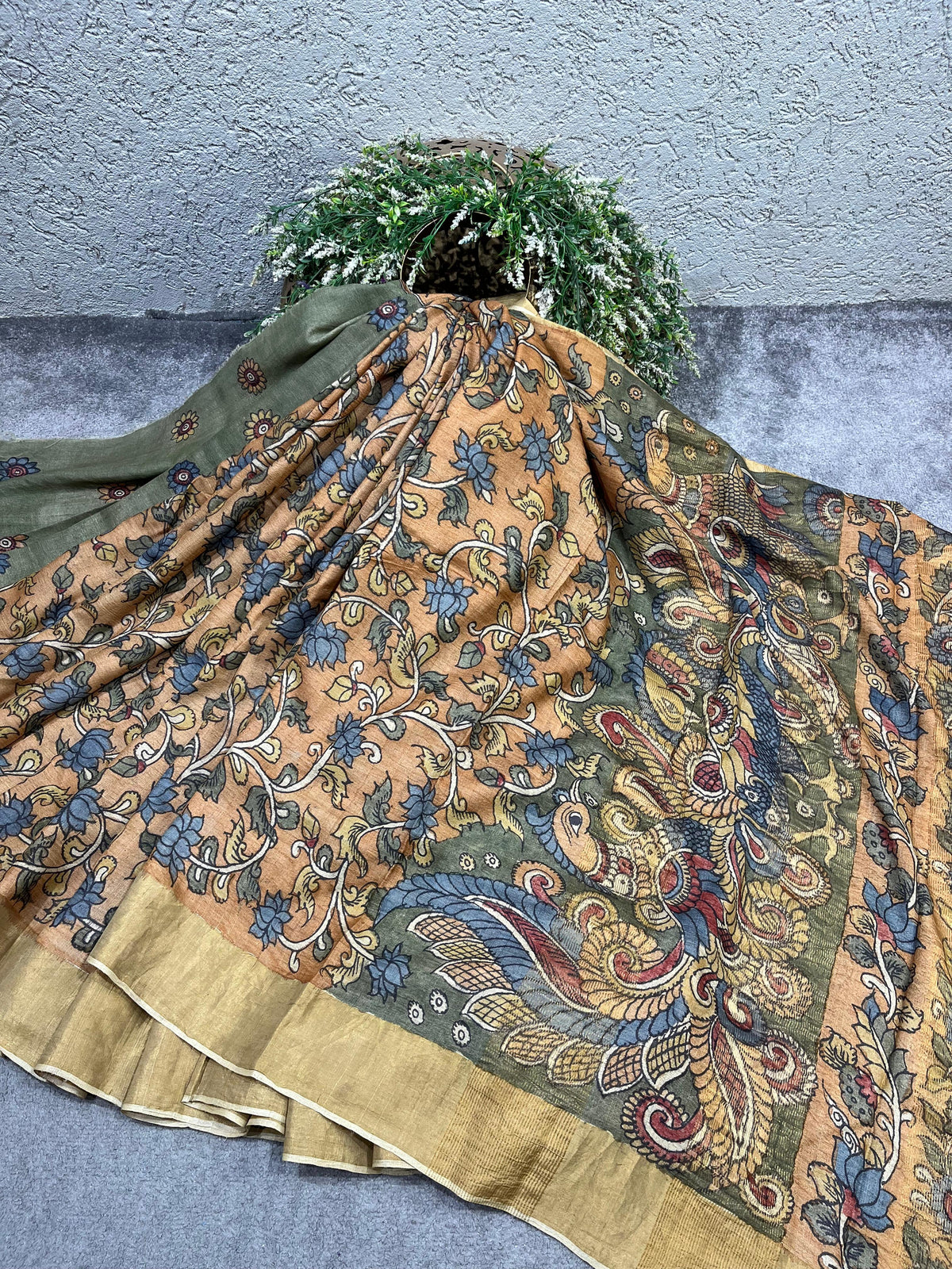 MUSTRAD PEACH TASSAR PURE HANDLOOM KALAMKARI SAREE