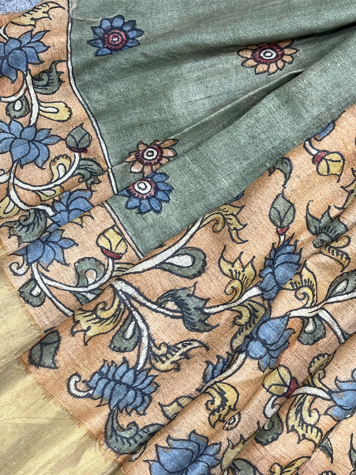 MUSTRAD PEACH TASSAR PURE HANDLOOM KALAMKARI SAREE