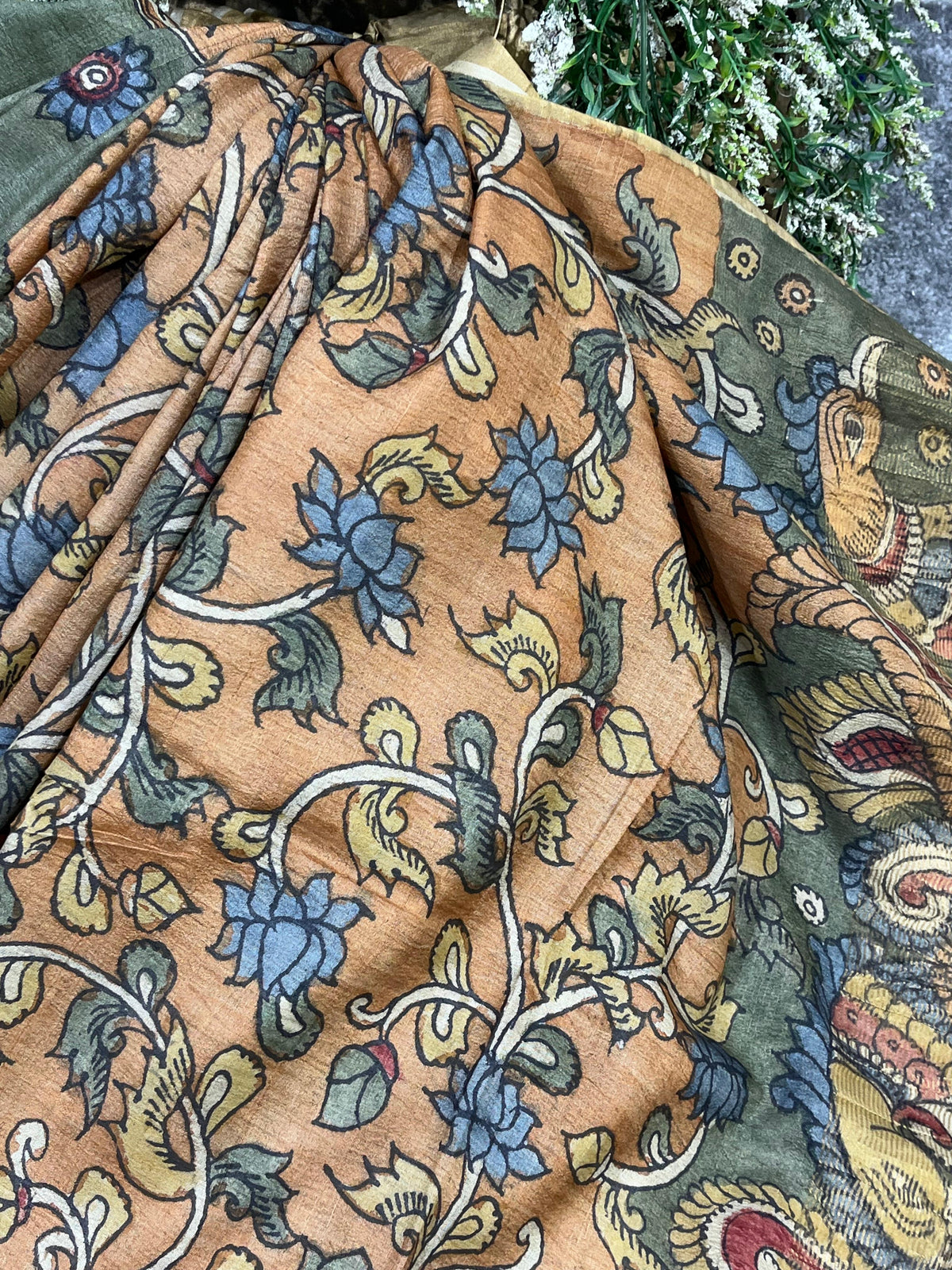 MUSTRAD PEACH TASSAR PURE HANDLOOM KALAMKARI SAREE