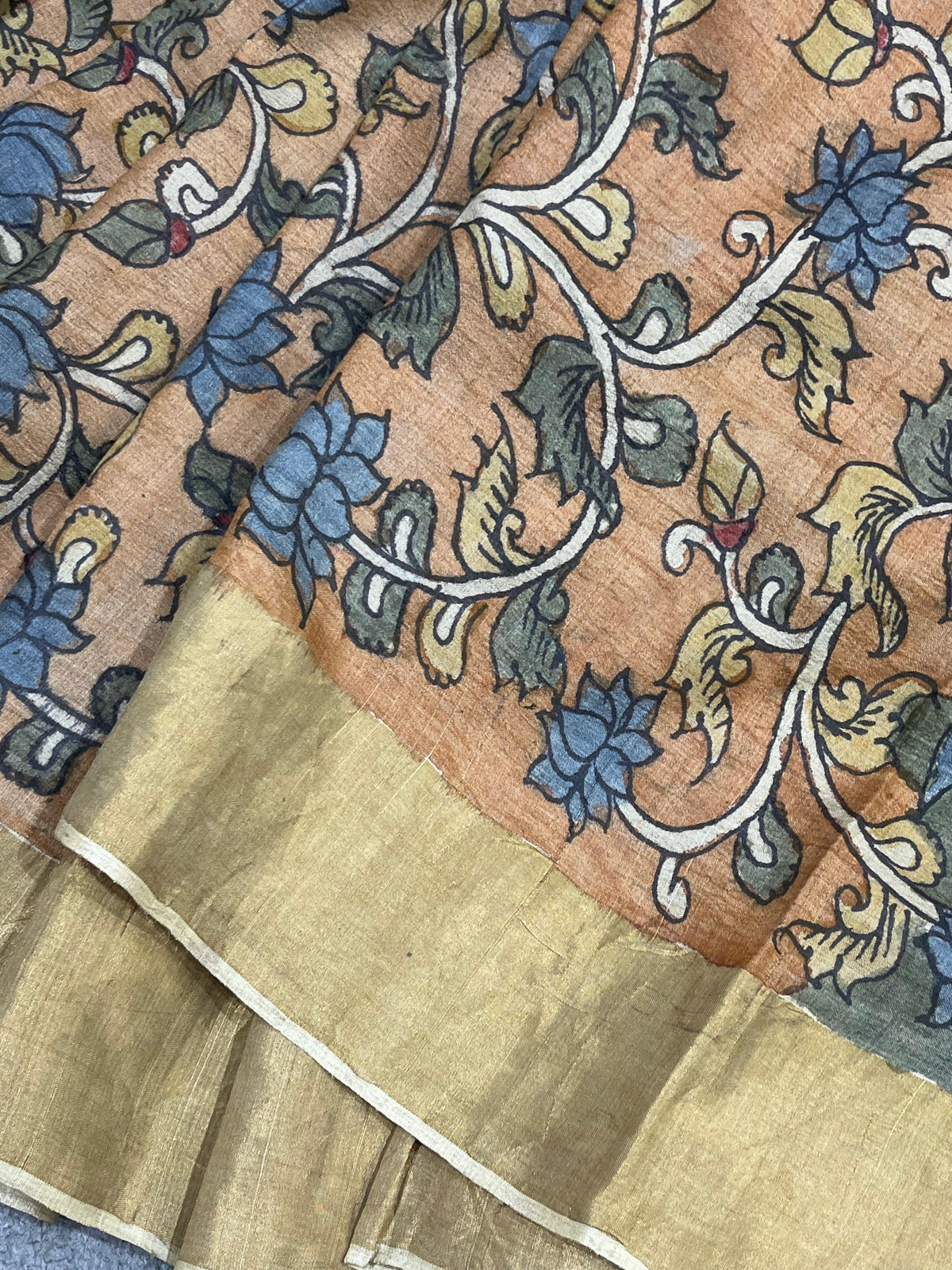 MUSTRAD PEACH TASSAR PURE HANDLOOM KALAMKARI SAREE