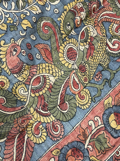 BLUE TASSAR PURE HANDLOOM KALAMKARI SAREE