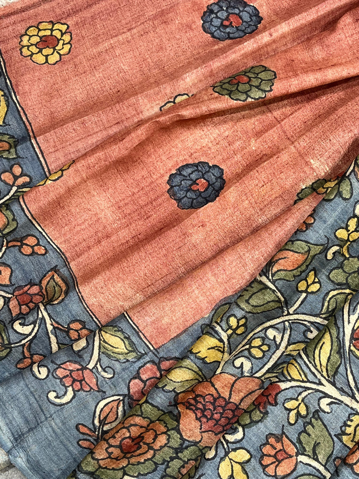 BLUE TASSAR PURE HANDLOOM KALAMKARI SAREE