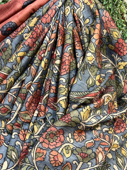 BLUE TASSAR PURE HANDLOOM KALAMKARI SAREE