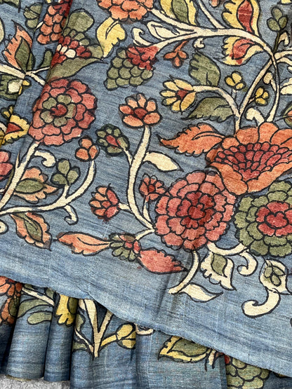 BLUE TASSAR PURE HANDLOOM KALAMKARI SAREE