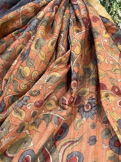 ORANGE TASSAR PURE HANDLOOM KALAMKARI SAREE